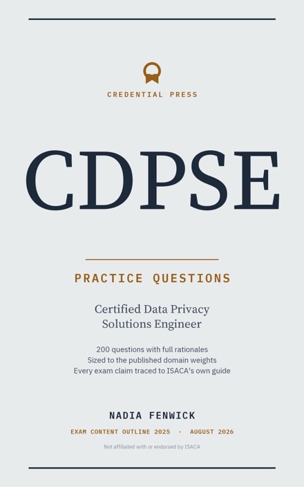 Front cover of CDPSE Practice Questions, Practice questions with full rationales, sized to the published domain weights.